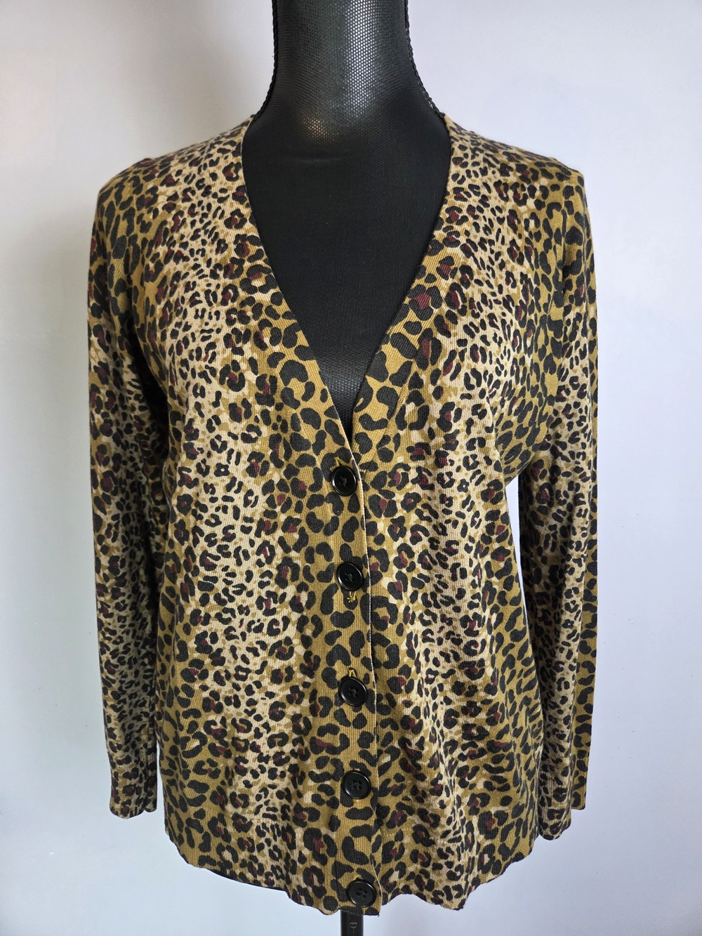 Leopard Print Button Cardigan Womens 1XP Smart-Casual Classic Knitwear Layer EUC